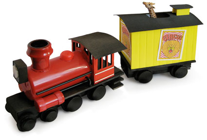 home-made steam locomotive and giraffes boxcar carriage